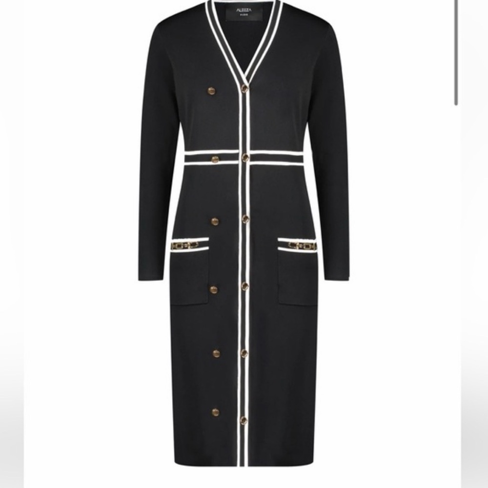 Aleeza Paris Black Long Cardigan Dress with Gold Buttons NWT
